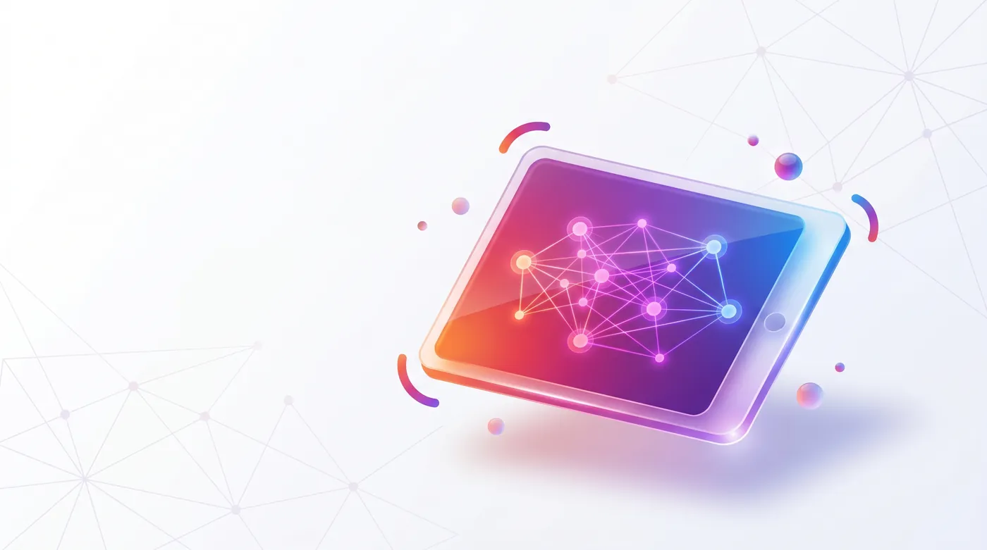 Kit Digital IA — Modern office workspace with digital tablet showing abstract neural network nodes, clean professional lighting, high-tech business environment.