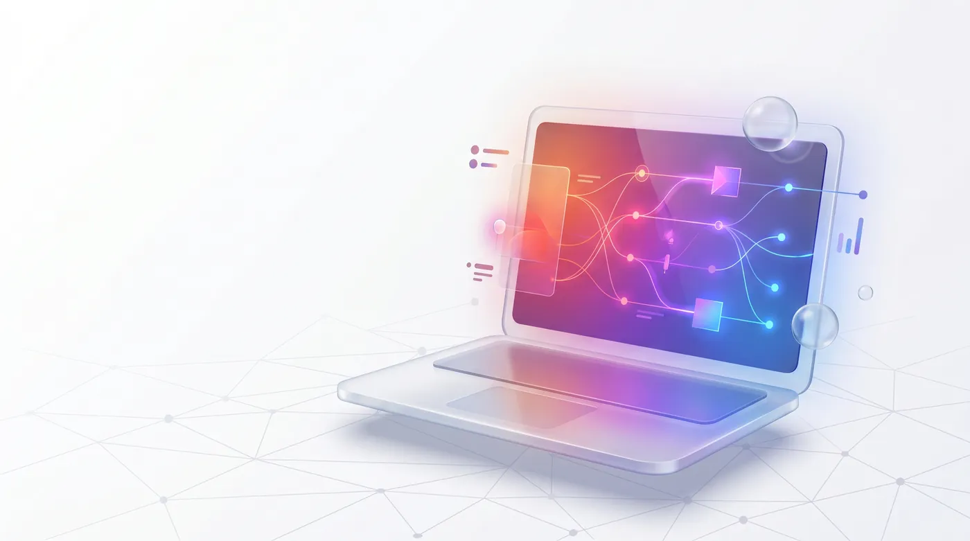 Claude para Pymes — Modern office desk with laptop displaying complex data visualization, soft natural light, professional and clean aesthetic.
