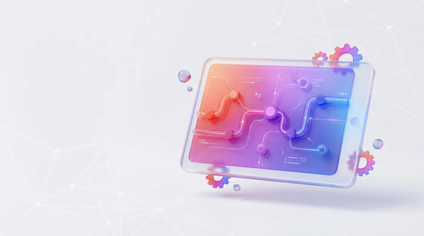 Kit Digital IA — A modern office desk with a glowing digital tablet displaying abstract data nodes and automation workflows, soft natural lighting.