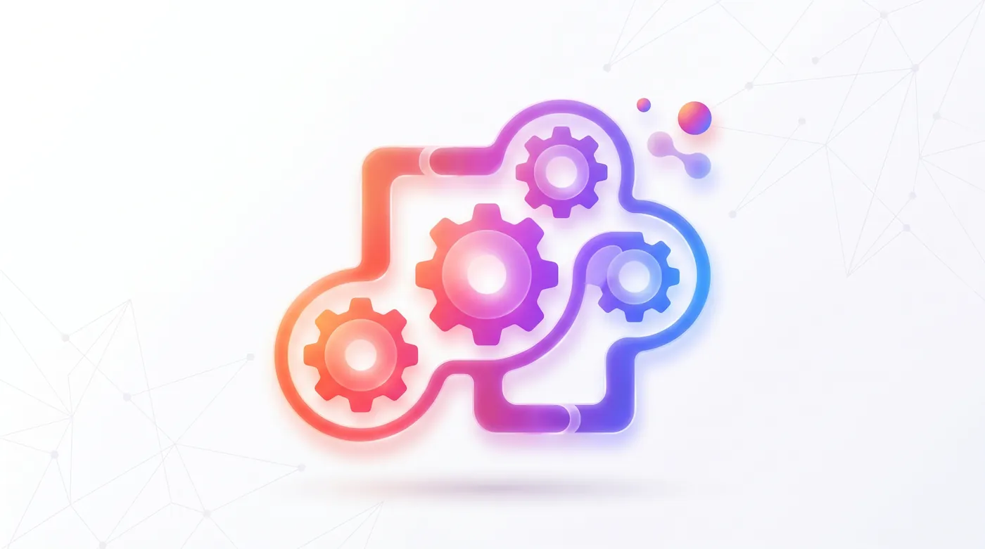 n8n vs zapier vs make — Glowing glass gears and connected nodes forming a complex workflow pipeline in a dark modern server environment.