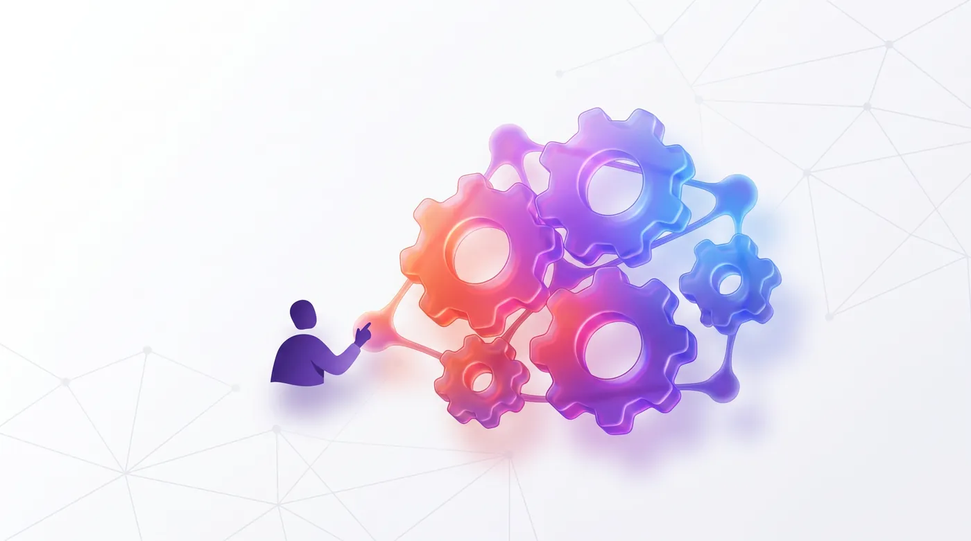 Kit Digital IA 2026 — Glowing glass gears and connected nodes forming an abstract neural network over a modern office desk, cinematic lighting.