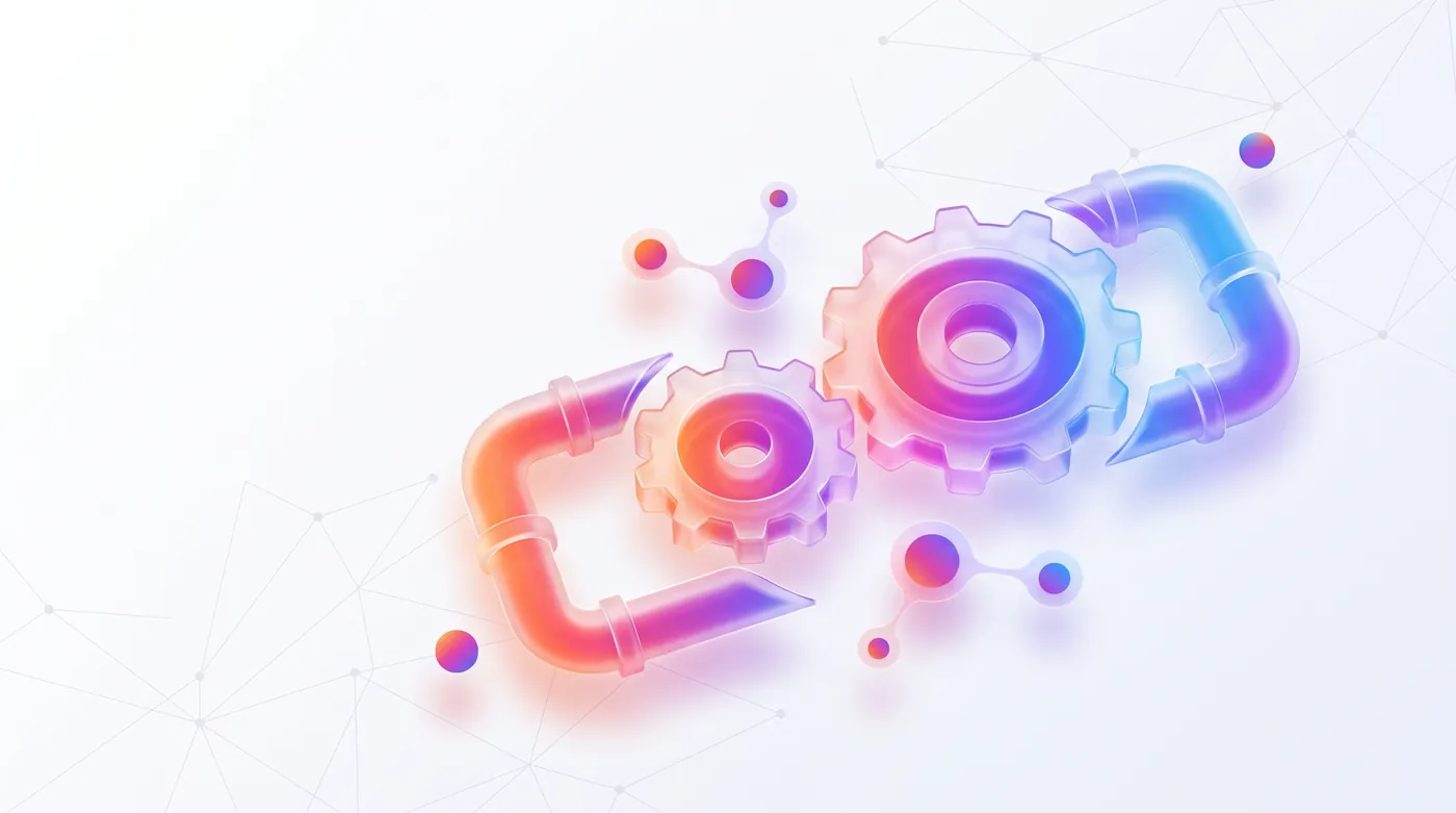 agentes de IA personalizados — Glowing glass gears and connected nodes forming a digital workflow pipeline in a modern dark office setting.