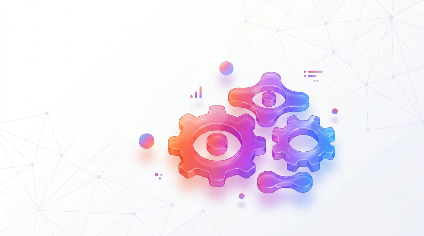 Kit Digital IA — Glowing glass gears and connected nodes integrating with a modern office workspace, soft blue and violet lighting.