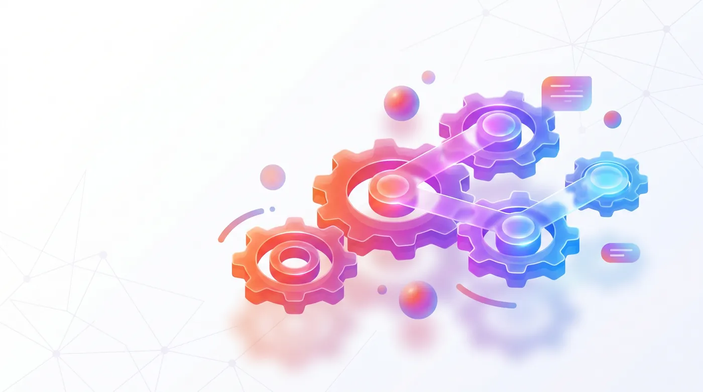 n8n vs zapier para empresas — Glowing glass gears and connected nodes forming a complex digital pipeline in a dark modern server room.