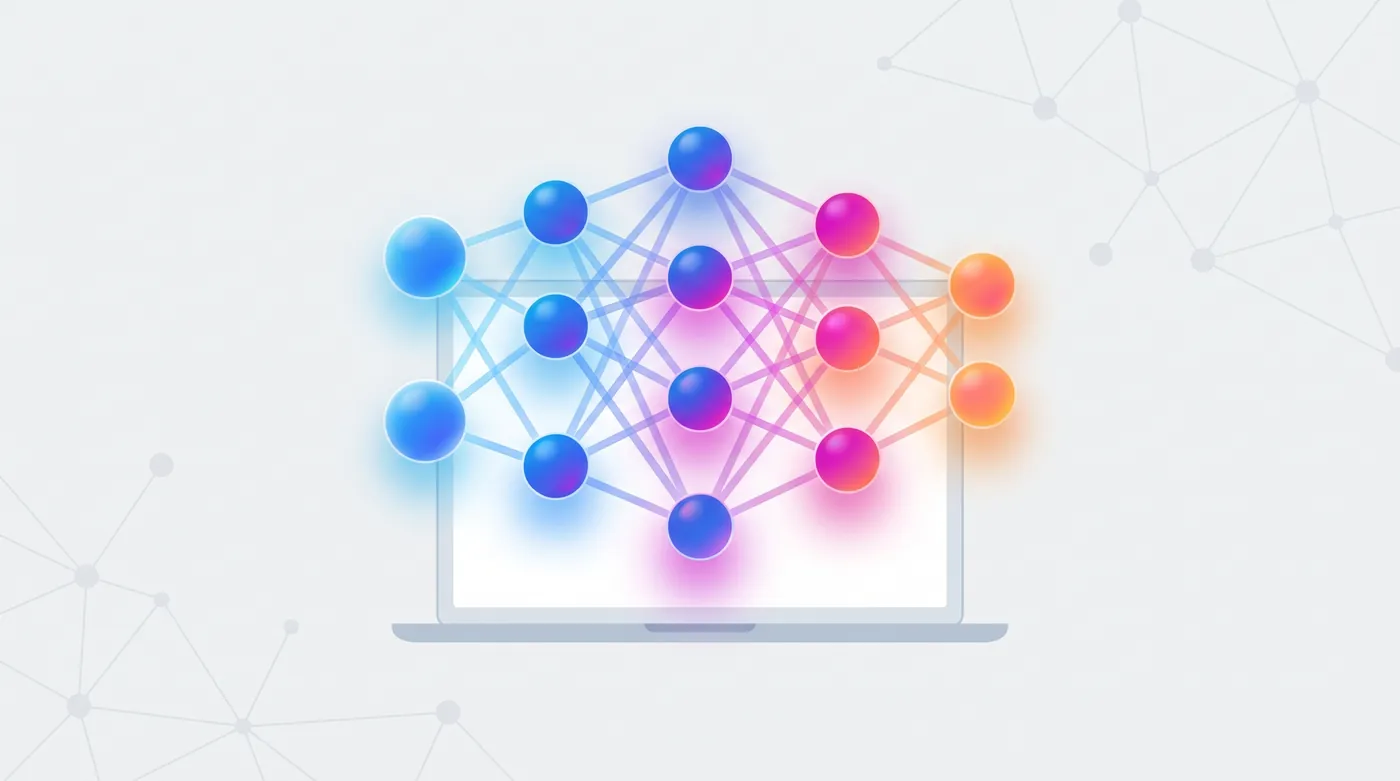 Kit Digital IA — Modern office desk with glowing abstract neural network nodes hovering above a laptop, soft blue lighting.
