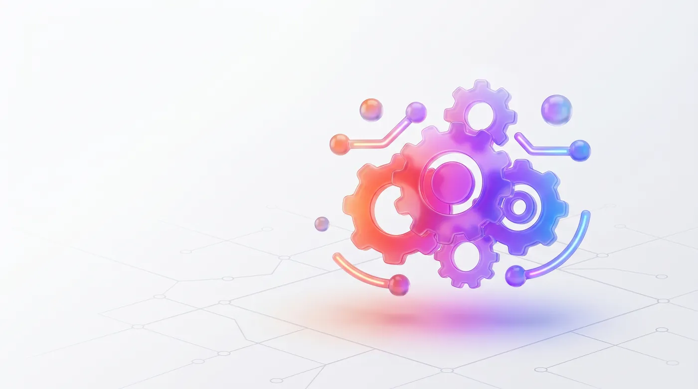 agentes de IA personalizados — Glowing glass gears and connected nodes illuminating a modern office desk, representing autonomous AI business workflows.