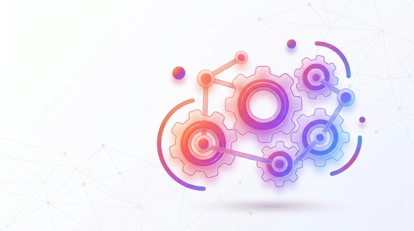 Kit Digital IA — Glowing glass gears and connected nodes representing automated AI workflows over a modern office desk, soft ambient lighting.