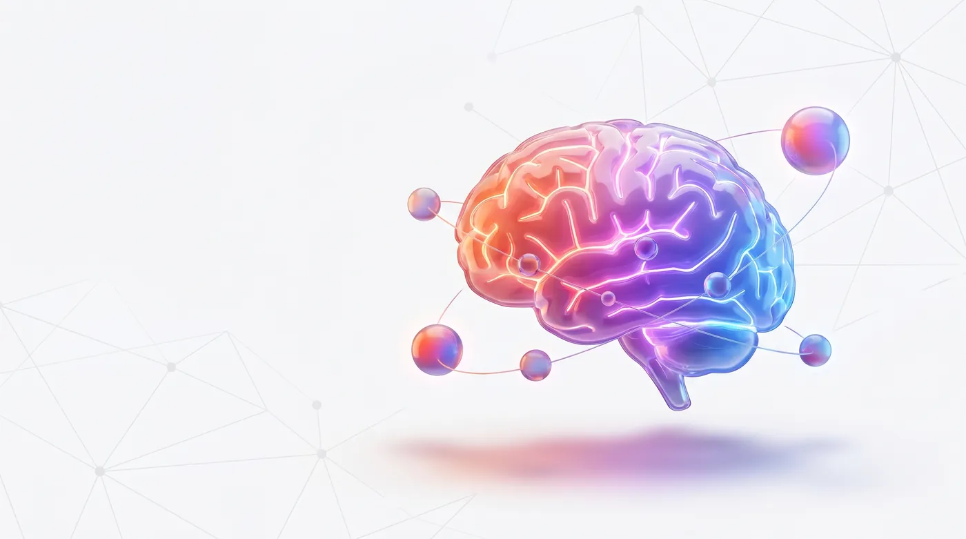 Claude Fable 5 — Glowing brain with circuit-like internal lines and connected glass-gradient nodes in a modern corporate server room.