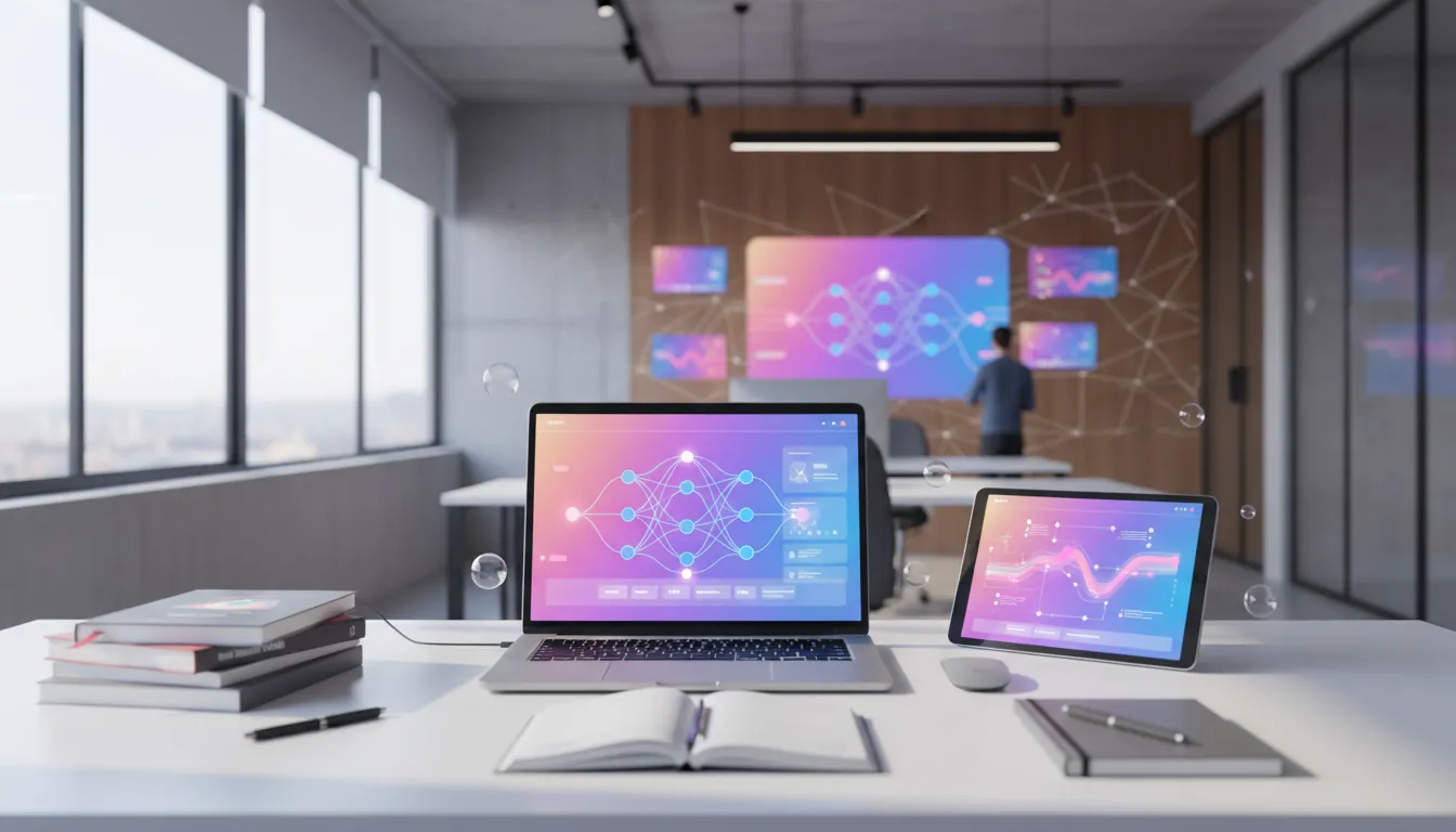 AI Act Artículo 4 — Modern Spanish office desk, laptop displaying regulatory document, soft natural light through window, minimalist workspace, professional atmosphere, subtle tech elements, neutral tones.