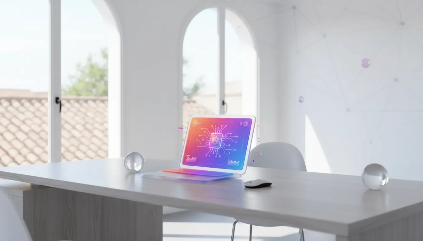inteligencia artificial para empresas — Modern Spanish office workspace, clean desk with laptop, soft natural window light, minimalist tech atmosphere, subtle data visualization on screen