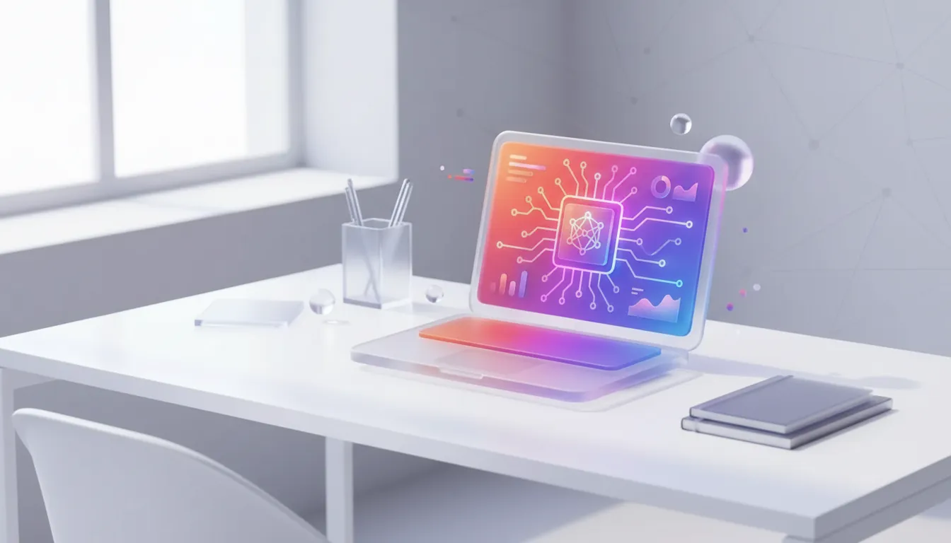 qué automatizar en una empresa — Modern office desk with laptop displaying workflow diagrams, soft natural window light, clean minimalist workspace with subtle tech elements
