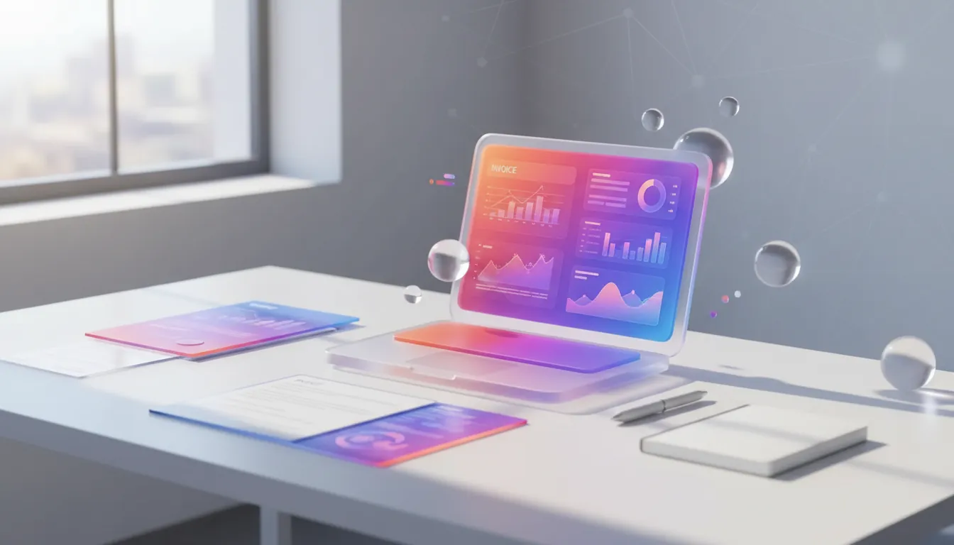 automatizar contabilidad — Modern office desk with laptop displaying financial dashboard, soft natural window light, minimalist workspace with invoice documents, clean professional atmosphere