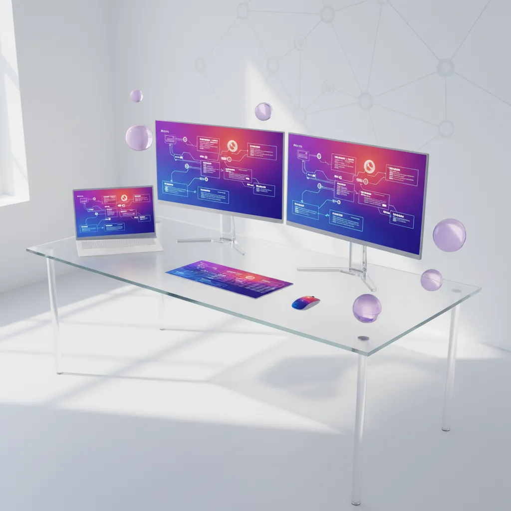 automatización sin código — Modern workspace with dual monitors displaying workflow diagrams, soft natural light, minimalist desk setup, subtle tech ambiance