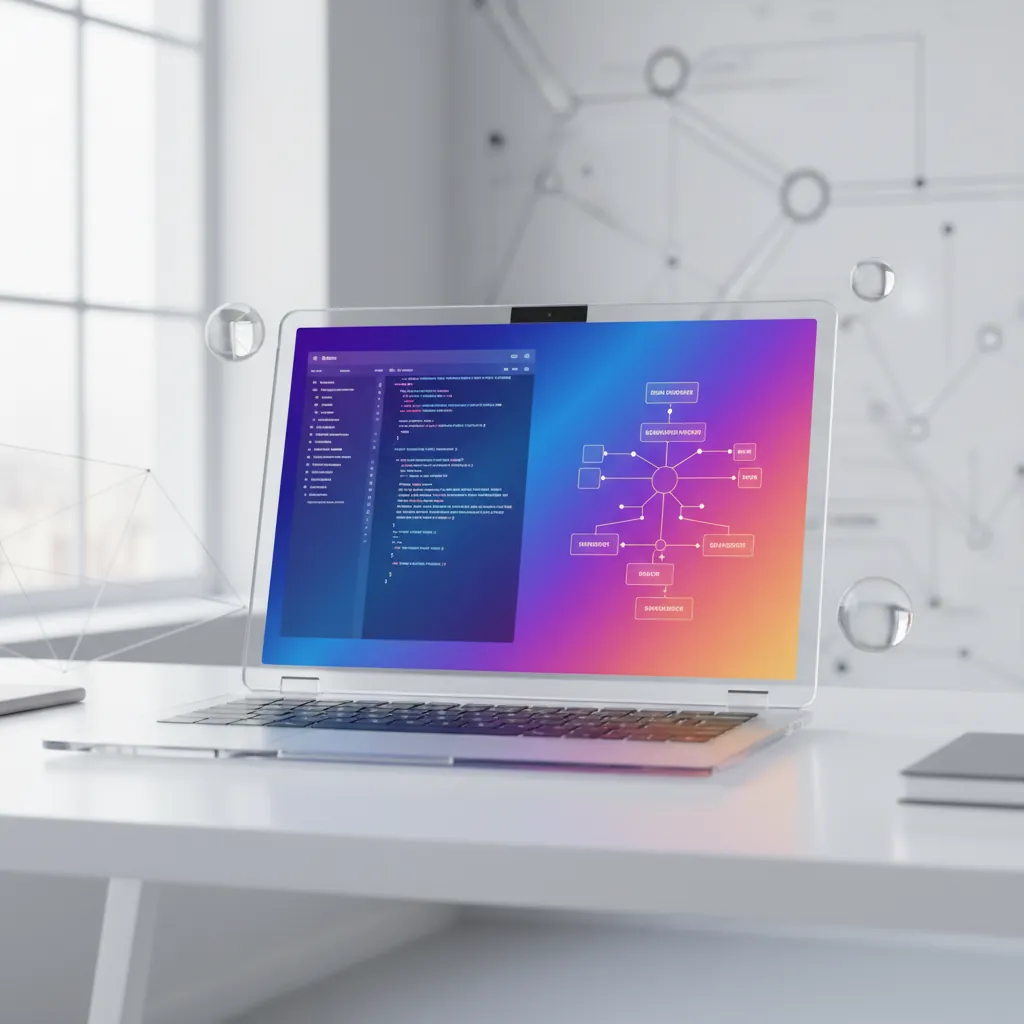 low-code vs no-code — Clean white workspace with laptop, code editor interface, visual workflow diagram, soft natural window light, minimal tech aesthetic
