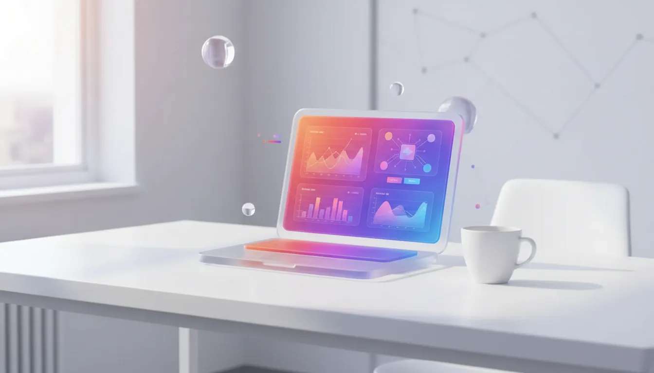 automatizar informes — Modern office desk with laptop displaying data dashboards, soft morning light, clean minimalist workspace, single coffee cup