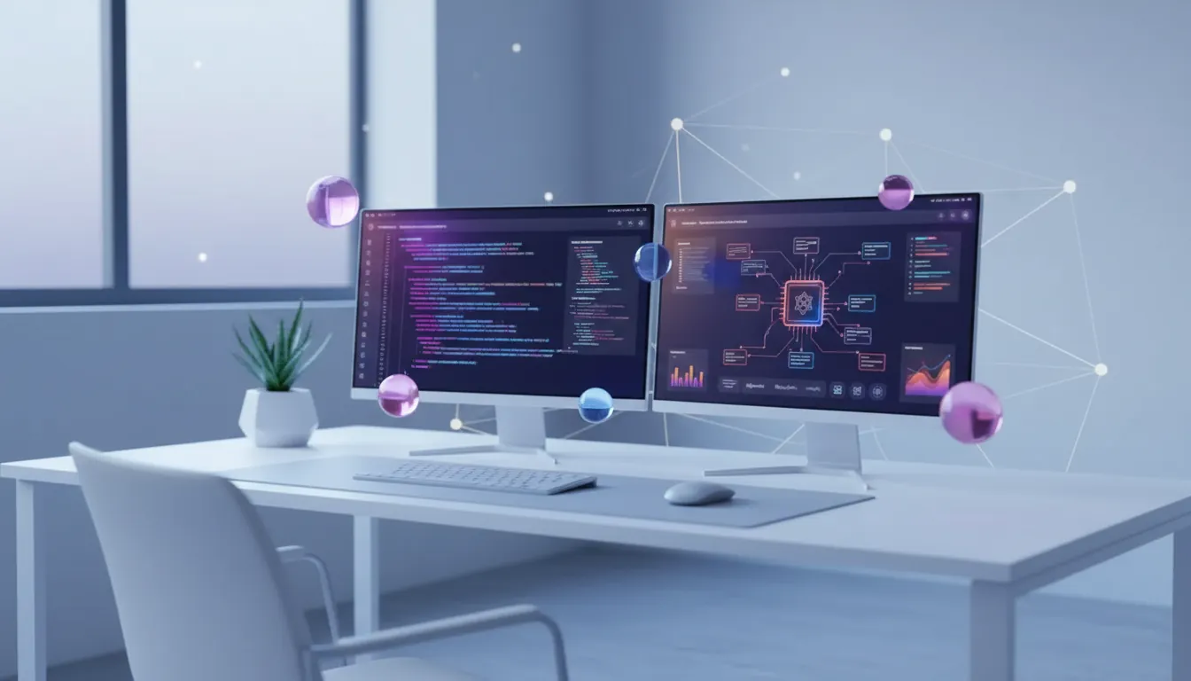 agentes de ia para empresas — Modern office workspace with multiple screens displaying code and workflow diagrams, soft blue ambient lighting, clean minimalist desk setup