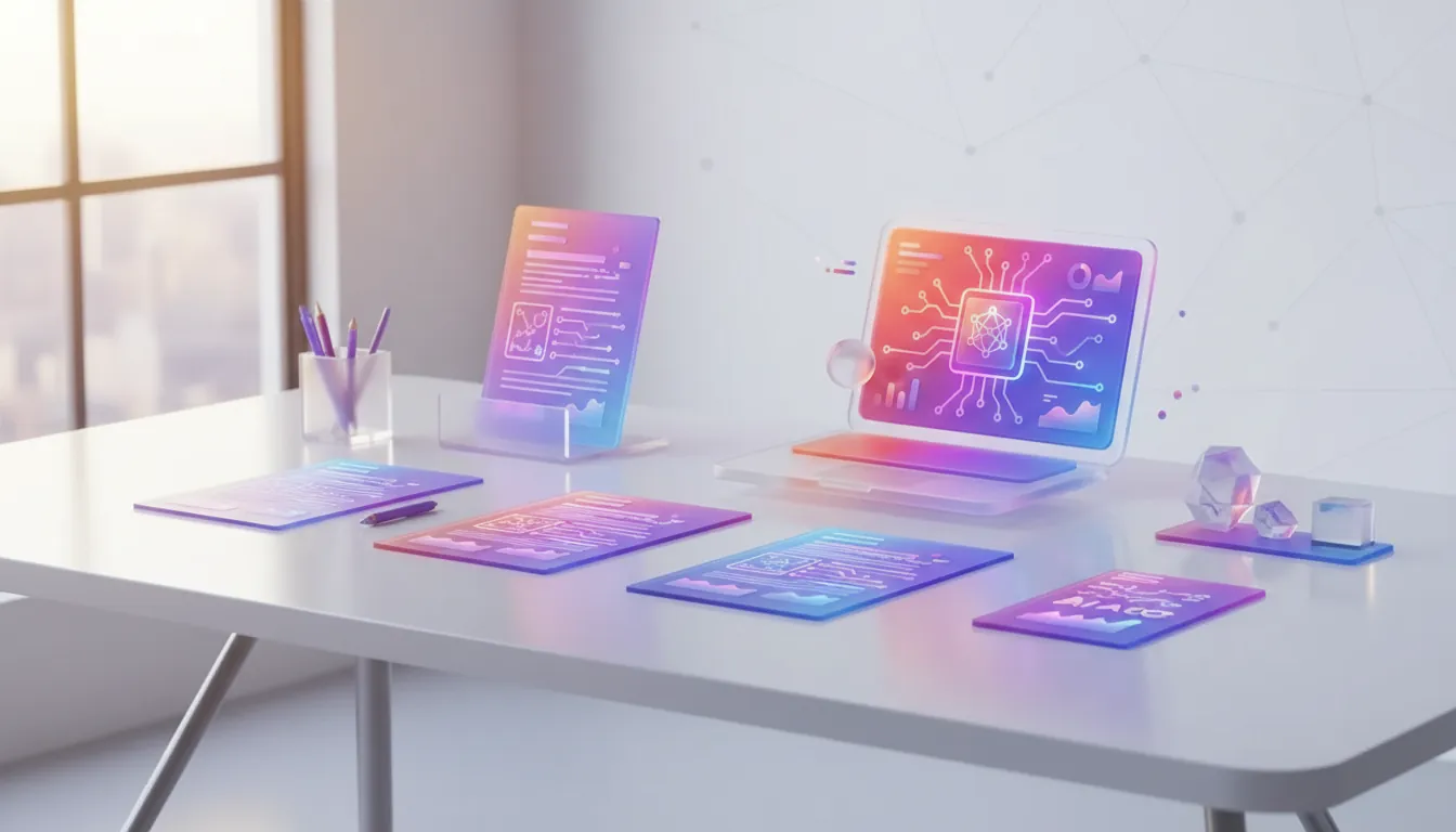 errores asistente ia empresa — Modern office desk with scattered technical documents, soft natural window light, clean minimalist workspace, subtle digital screen glow