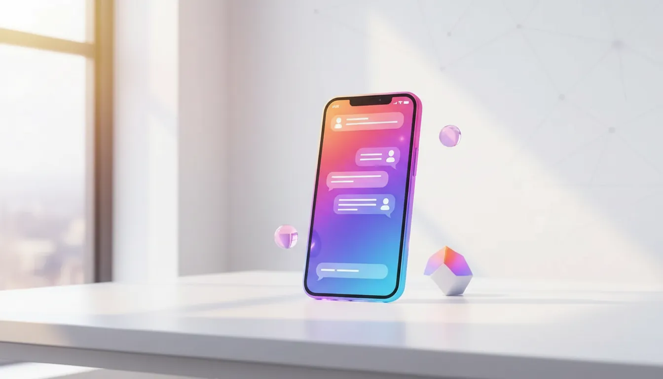 agente ia whatsapp — Modern workspace with smartphone displaying chat interface, soft natural light, minimalist desk setup, clean technology aesthetic