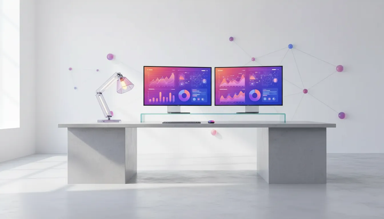 casos de uso de inteligencia artificial en empresas — Modern office workspace with digital screens displaying data analytics, clean minimalist lighting, subtle tech atmosphere
