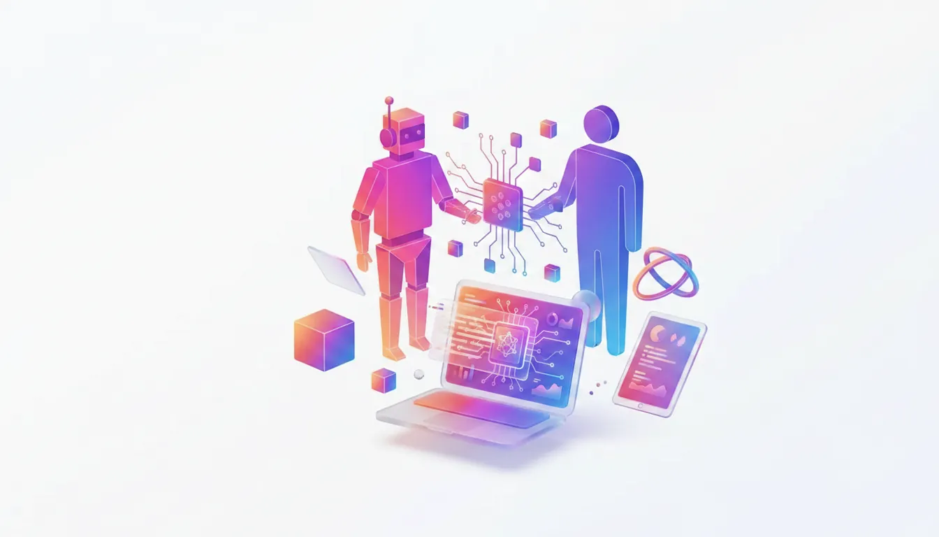 fable 5.1 — Dark office desk with process maps and connected screens, soft black-and-white lighting, focused atmosphere, scattered notes and subtle reflections.