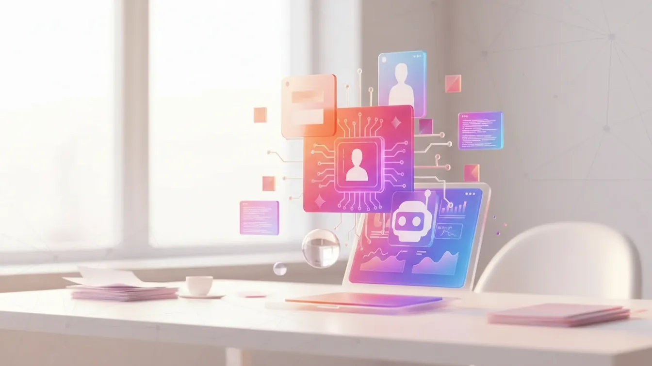 qué es un agente de ia — Warm office desk with connected screens, soft morning light, organized documents, subtle reflections, calm focused atmosphere for responsible business AI.