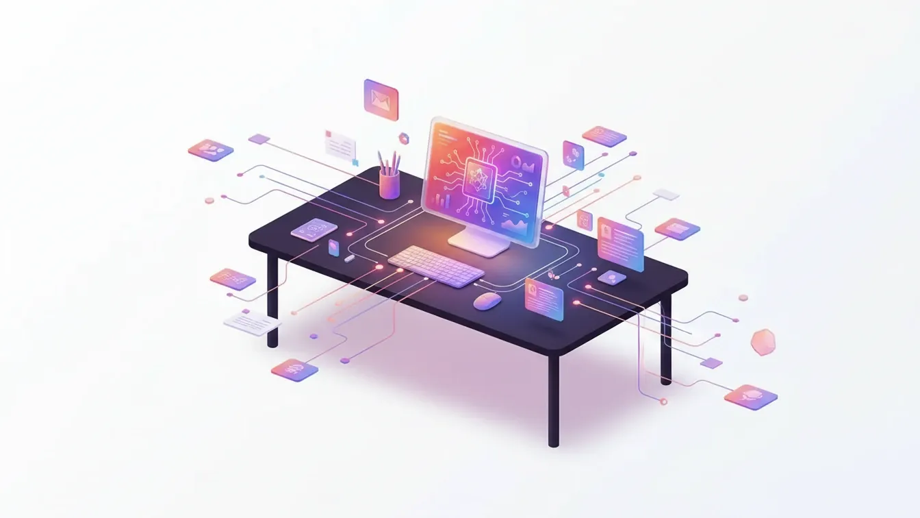 diferencia entre webhook y api — Dark desk surface with connected workflow diagrams, monitor glow, soft office light, calm precise atmosphere, subtle cables and handwritten process notes.